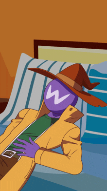 a cartoon character wearing a witch hat with a lightning bolt on his face
