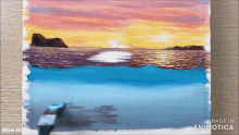 a painting of a sunset over the ocean is made in animoto