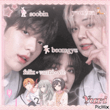 a picture of a group of people with the names soobin beomgyu felix vanni vio written on it