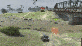 a video game is being played with a tank in the foreground and a bridge in the background