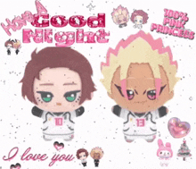 a couple of stuffed dolls with the words i love you on the bottom right