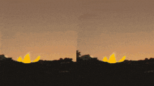 a painting of a sunset with a few trees in the foreground