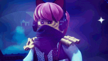 a girl with pink hair wearing headphones and a scarf