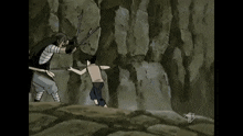 a cartoon of a man holding a sword and another man holding a branch