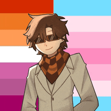a man wearing sunglasses and a scarf stands in front of a lesbian flag