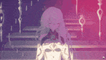 a girl with long white hair is standing on a set of stairs