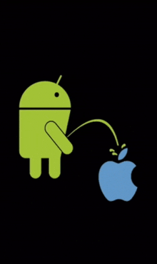 a green android is urinating on an apple