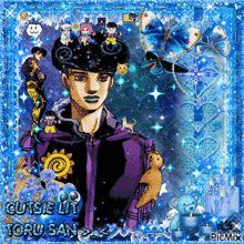 a picture of a man in a purple jacket with the words gutsie lit toru san