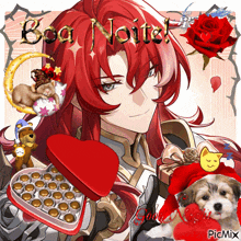 a picture of a red haired anime character with the words boa noite written above him
