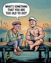 a cartoon of popeye and an older man sitting on a pier