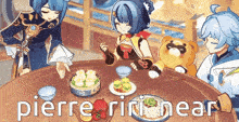 a group of anime characters are sitting around a table with plates of food and a teddy bear .