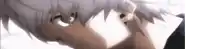 a close up of a person 's face with a gray haired anime character looking down .