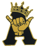 a black letter a with a gold hand and a crown on it