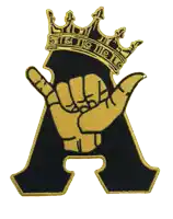 a black letter a with a gold hand and a crown on it