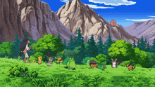 a group of pokemon are standing in a grassy field in front of a mountain