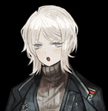 a drawing of a girl with white hair and a black jacket with the letter f on it