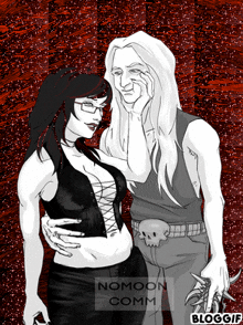 a black and white drawing of a man and a woman with the name nomoon comm on the bottom right