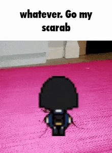 a pixel art of a person standing on a pink rug that says whatever go my scarab .