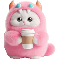 a pink stuffed animal is holding a cup of coffee .