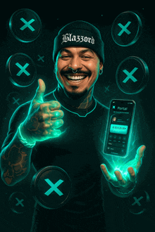 a man wearing a beanie that says blazzard is holding a phone