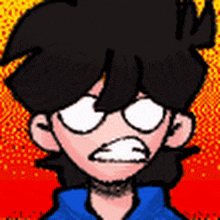 a cartoon drawing of a man with glasses and a blue shirt
