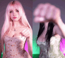 a girl with pink hair and a girl with black hair are standing next to each other