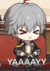 a cartoon character is sitting on a red couch with the words yaaaayy written below him