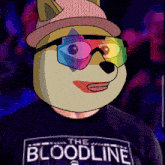 a doge wearing sunglasses and a hat is wearing a shirt that says " the bloodline "