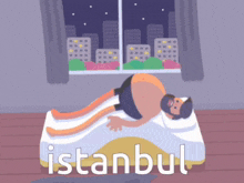 a cartoon of a man laying on a bed with the word istanbul on the bottom