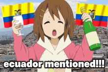 a girl holding a wine glass and a bottle with ecuador mentioned