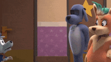 a group of cartoon dogs are standing next to each other and one has a name tag that says lp