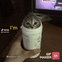 a person is holding a bottle with a cat inside of it and says " i 'm " in yellow