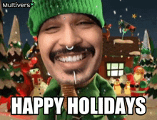 a man wearing a green hat and green sweater says " happy holidays "