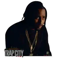 a poster for trap city features a man wearing gold chains