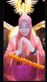 a woman in a pink hijab is praying with the words assalamualaikum written in orange