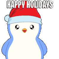 a penguin wearing a santa hat is holding a christmas tree with the words happy holidays below it