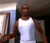 a man in a white tank top is standing in a room in a video game .