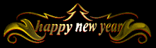 a happy new year sign with gold swirls and a christmas tree on a black background