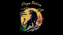 a black background with a panther and the words cayo perico on it