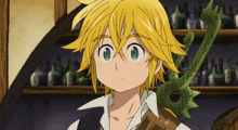 a cartoon character with yellow hair and green eyes stands in front of a shelf full of bottles