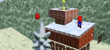 a video game character is standing on top of a wooden building .