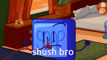 a cartoon drawing of a blue object with the word snap on it