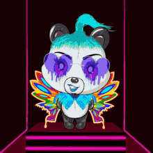 a drawing of a panda bear with a blue ponytail and rainbow wings