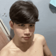 a young man without a shirt is looking at the camera with a serious look on his face .
