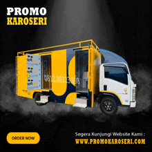 a yellow and blue truck with the words promo karoseri on the top