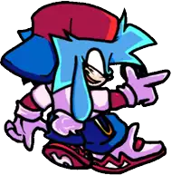 a cartoon character with blue hair and a red hat is pointing .