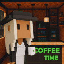 a cartoon character is standing in front of a coffee time sign