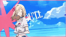a girl in a white shirt is standing in front of a blue sky with the word full written in white letters