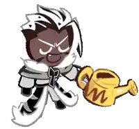 a cookie running with a watering can in his hand .