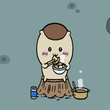 a cartoon character is sitting on a tree stump eating food from a bowl